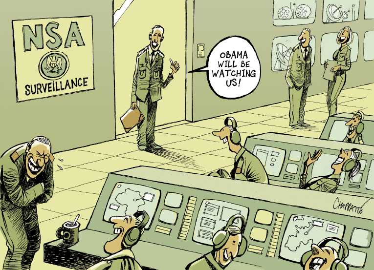 Political/Editorial Cartoon by Patrick Chappatte, International Herald Tribune on Obama Defends NSA