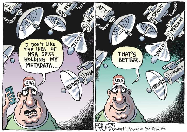 Political/Editorial Cartoon by Rob Rogers, The Pittsburgh Post-Gazette on Obama Defends NSA