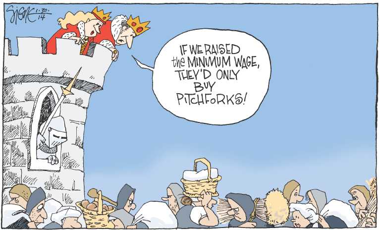 Political/Editorial Cartoon by Signe Wilkinson, Philadelphia Daily News on Wages Flat, Unemployment High