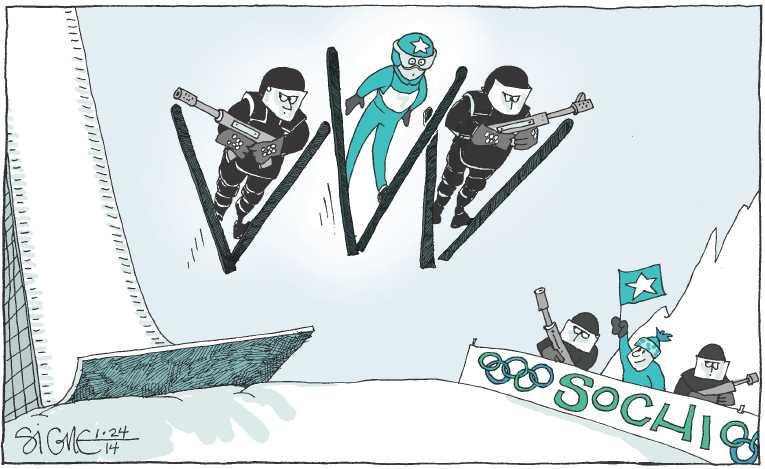 Political/Editorial Cartoon by Signe Wilkinson, Philadelphia Daily News on Winter Olympics Imminent
