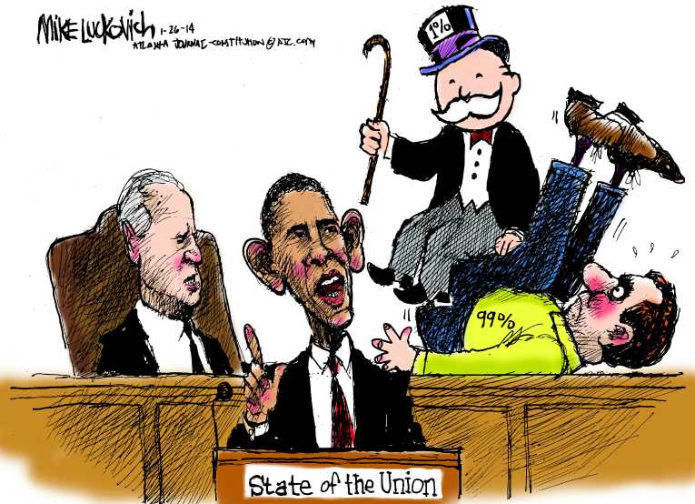 Political/Editorial Cartoon by Mike Luckovich, Atlanta Journal-Constitution on State of the Union Somber, Defiant