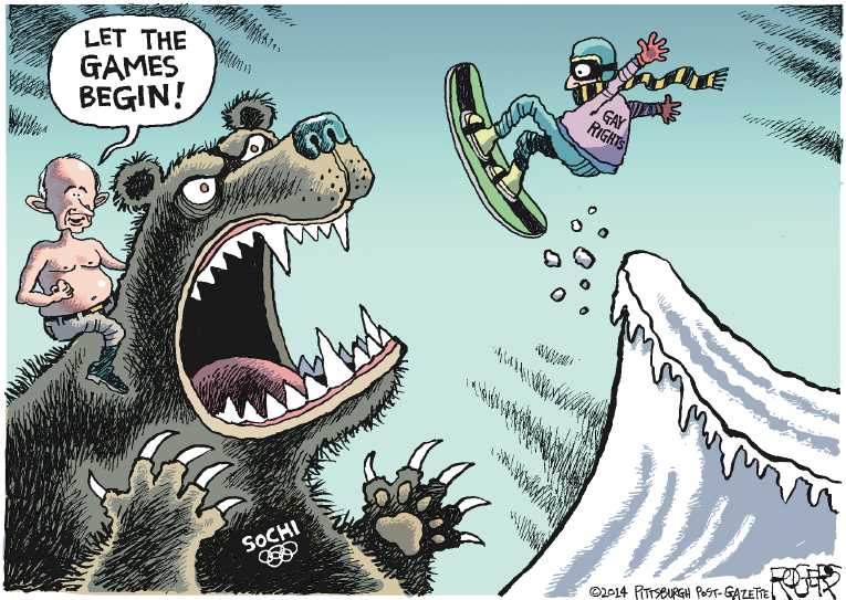 Political/Editorial Cartoon by Rob Rogers, The Pittsburgh Post-Gazette on Winter Olympics to Commence