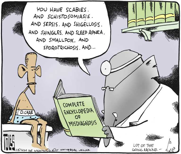 Political/Editorial Cartoon by Tom Toles, Washington Post on “Obama Not Trustworthy”
