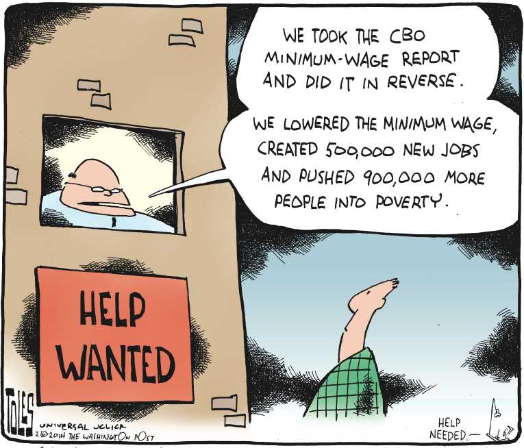 Political/Editorial Cartoon by Tom Toles, Washington Post on Minimum Wage Debate Intensifies