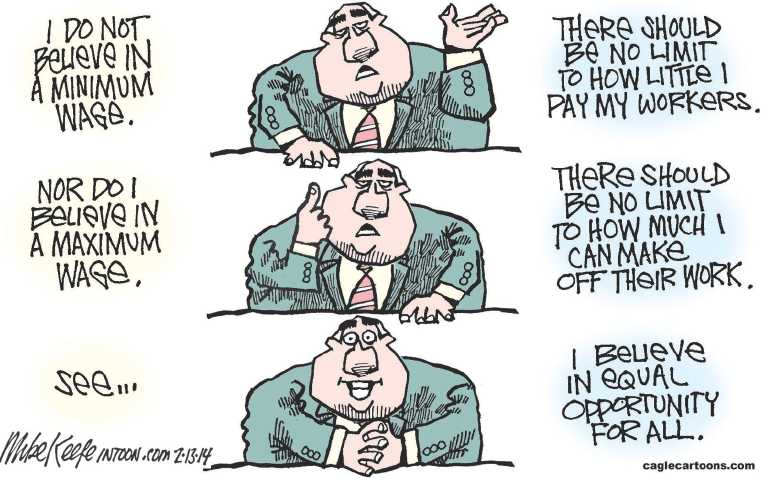 Political/Editorial Cartoon by Mike Keefe, Denver Post on Minimum Wage Debate Intensifies