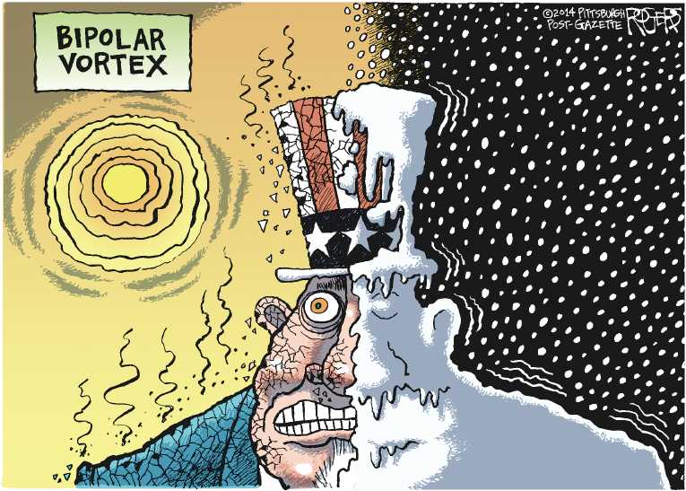 Political/Editorial Cartoon by Rob Rogers, The Pittsburgh Post-Gazette on Crazy Weather Escalates