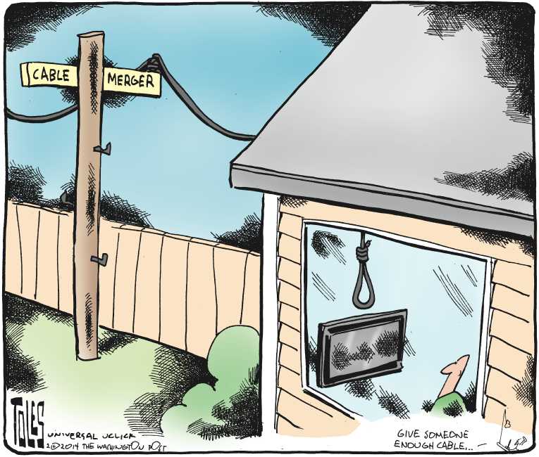 Political/Editorial Cartoon by Tom Toles, Washington Post on Comcast Merges With Time Warner