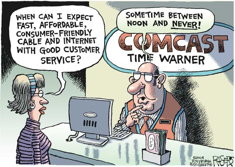 Political/Editorial Cartoon by Rob Rogers, The Pittsburgh Post-Gazette on Comcast Merges With Time Warner