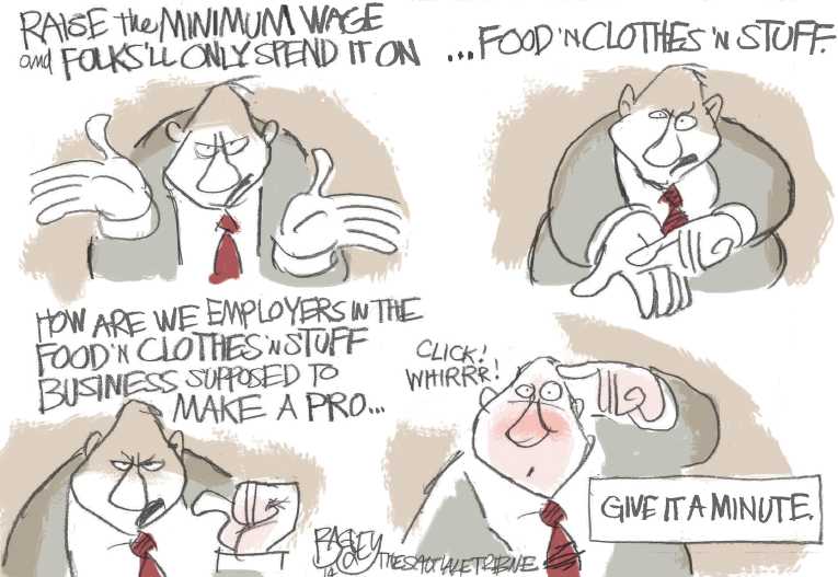 Political/Editorial Cartoon by Pat Bagley, Salt Lake Tribune on Minimum Wage Debate Continues