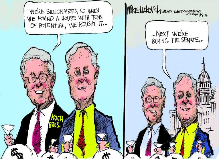Political/Editorial Cartoon by Mike Luckovich, Atlanta Journal-Constitution on Koch Brothers Going All In