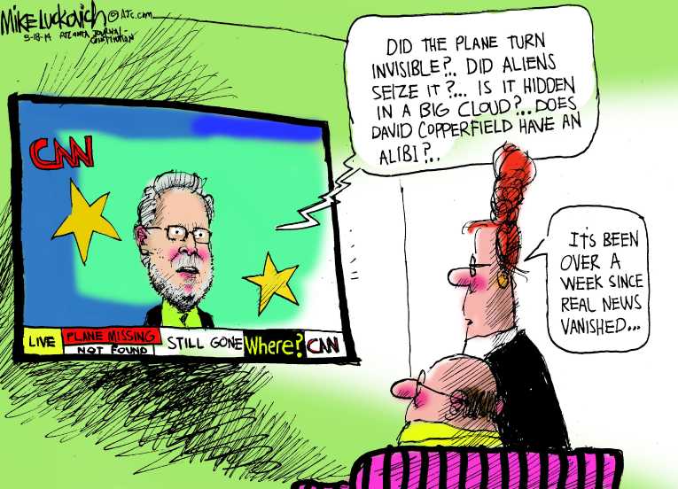 Political/Editorial Cartoon by Mike Luckovich, Atlanta Journal-Constitution on Flight 370 Still Missing