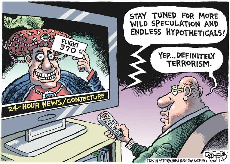Political/Editorial Cartoon by Rob Rogers, The Pittsburgh Post-Gazette on Flight 370 Still Missing