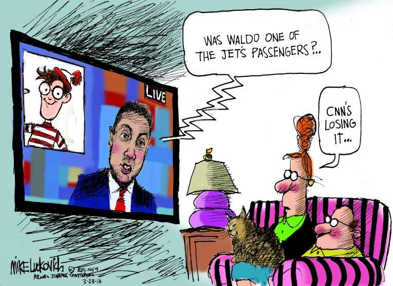 Political/Editorial Cartoon by Mike Luckovich, Atlanta Journal-Constitution on Flight 370 Still Missing