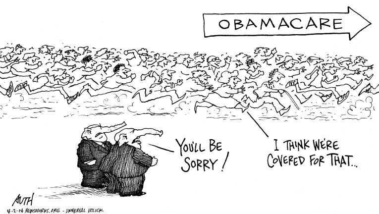 Political/Editorial Cartoon by Tony Auth, Philadelphia Inquirer on ObamaCare Signups Top 7 Million