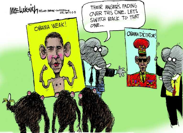 Political/Editorial Cartoon by Mike Luckovich, Atlanta Journal-Constitution on Obama Unsteady, Republicans Charge