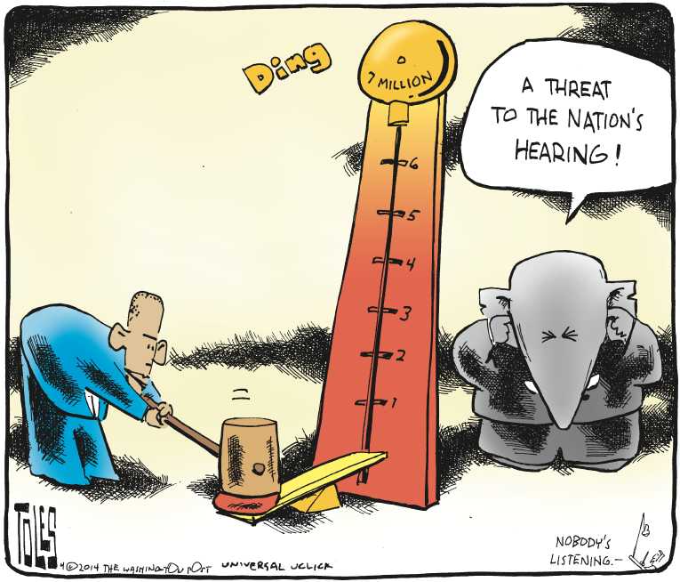 Political/Editorial Cartoon by Tom Toles, Washington Post on Obama Unsteady, Republicans Charge