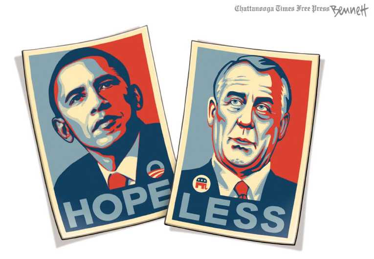 Political/Editorial Cartoon by Clay Bennett, Chattanooga Times Free Press on Obama Unsteady, Republicans Charge