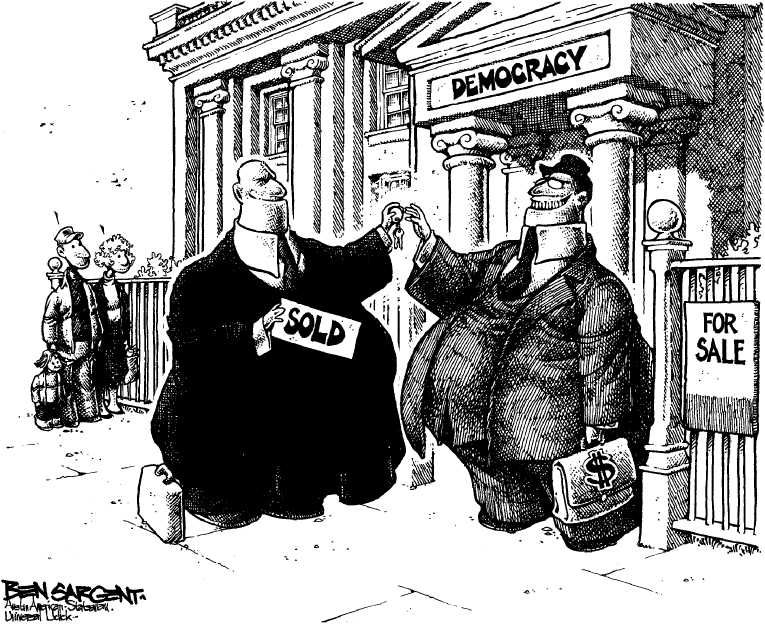 Political/Editorial Cartoon by Ben Sargent, Austin American-Statesman on Capitalism Defeats Democracy
