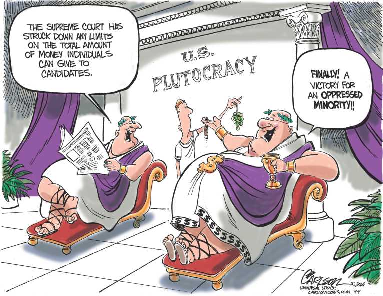 Political/Editorial Cartoon by Stuart Carlson on Capitalism Defeats Democracy