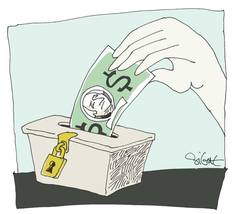 Political/Editorial Cartoon by Signe Wilkinson, Philadelphia Daily News on Capitalism Defeats Democracy