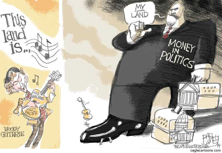Political/Editorial Cartoon by Pat Bagley, Salt Lake Tribune on Capitalism Defeats Democracy