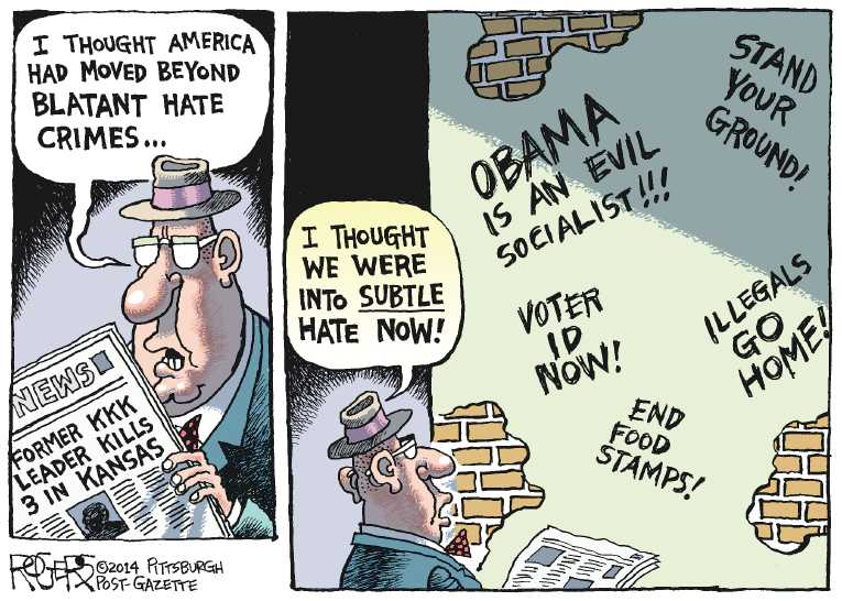Political/Editorial Cartoon by Rob Rogers, The Pittsburgh Post-Gazette on Hate Crimes on the Rise