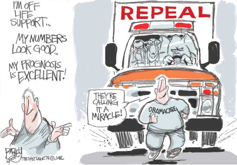 Political/Editorial Cartoon by Pat Bagley, Salt Lake Tribune on ObamaCare Gaining Momentum