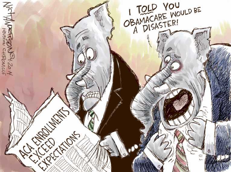 Political/Editorial Cartoon by Nick Anderson, Houston Chronicle on ObamaCare Gaining Momentum