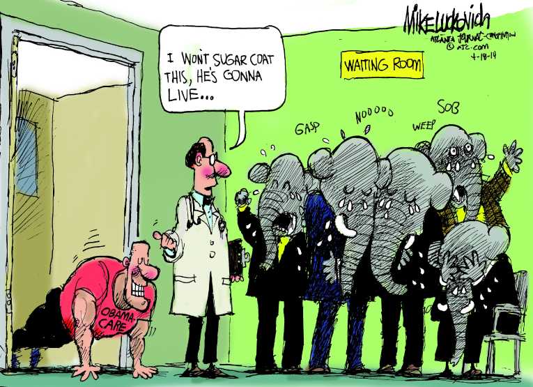 Political/Editorial Cartoon by Mike Luckovich, Atlanta Journal-Constitution on ObamaCare Gaining Momentum