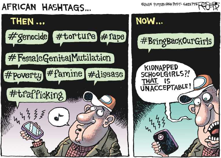 Political/Editorial Cartoon by Rob Rogers, The Pittsburgh Post-Gazette on School Girls Abducted in Nigeria