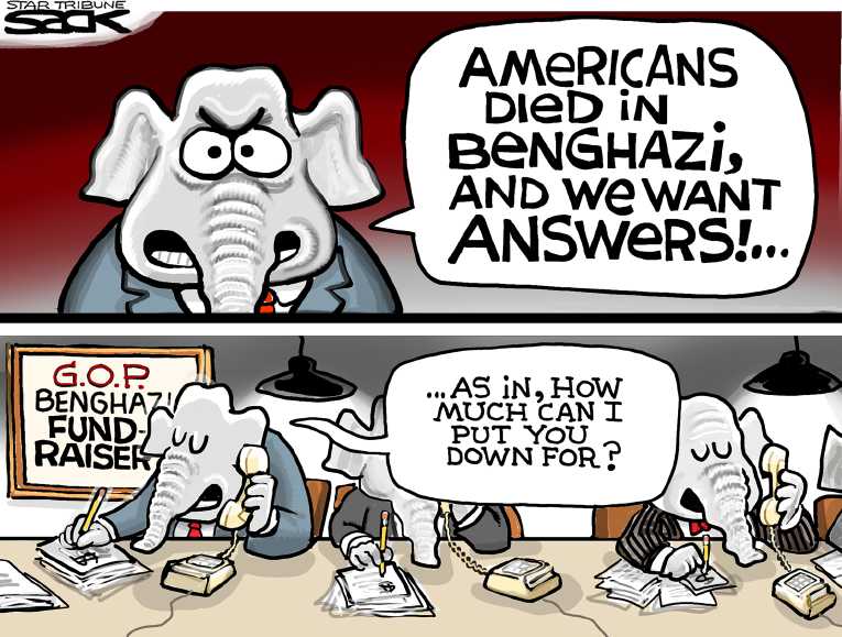 Political/Editorial Cartoon by Steve Sack, Minneapolis Star Tribune on Republicans Outraged by Benghazi
