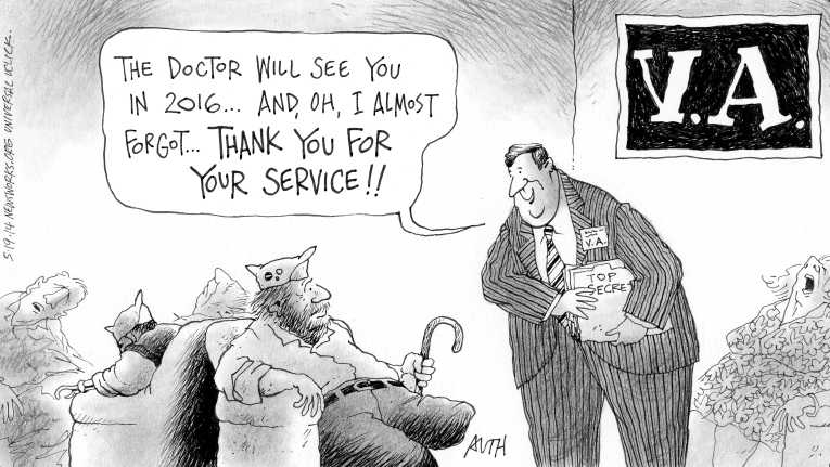 Political/Editorial Cartoon by Tony Auth, Philadelphia Inquirer on US Abusing Veterans