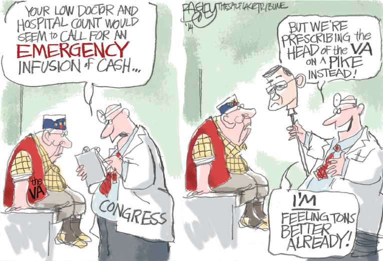 Political/Editorial Cartoon by Pat Bagley, Salt Lake Tribune on VA Head Shinseki Resigns