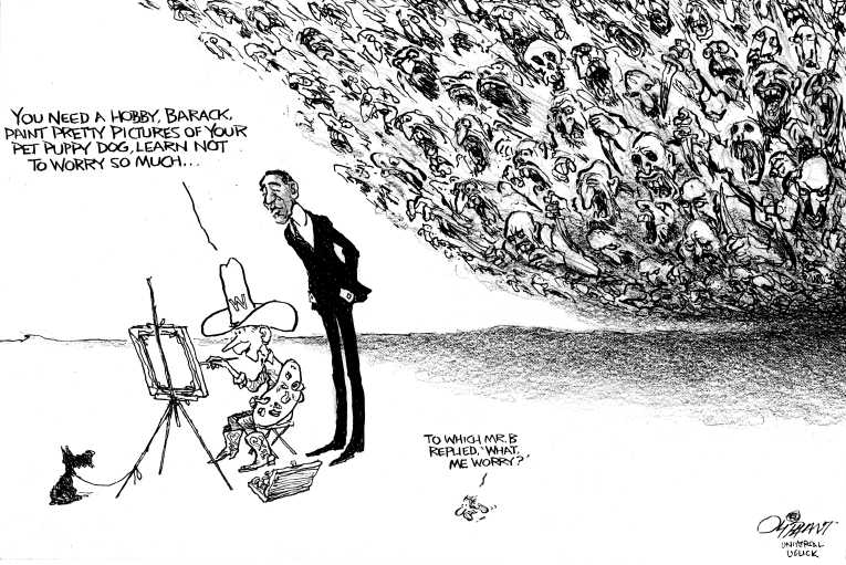 Political/Editorial Cartoon by Pat Oliphant, Universal Press Syndicate on Obama Too Slow, Critics Charge