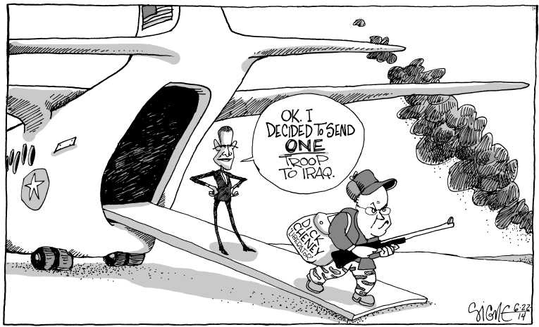Political/Editorial Cartoon by Signe Wilkinson, Philadelphia Daily News on Cheney Blasts President
