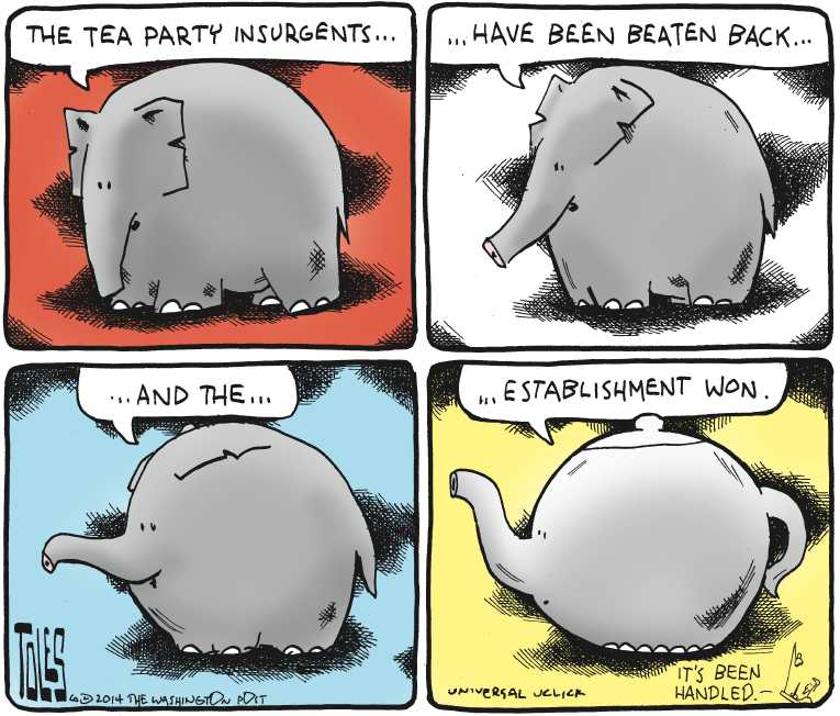 Political/Editorial Cartoon by Tom Toles, Washington Post on GOP Establishment Repels Tea Party
