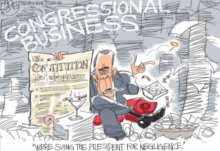 Political/Editorial Cartoon by Pat Bagley, Salt Lake Tribune on GOP Establishment Repels Tea Party