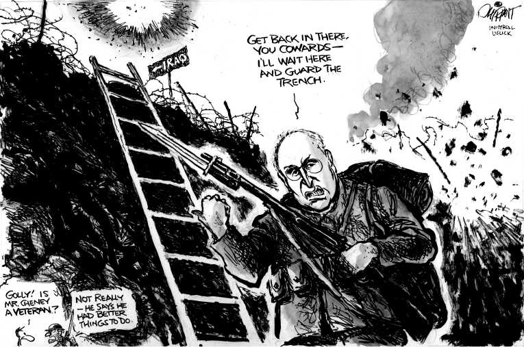 Political/Editorial Cartoon by Pat Oliphant, Universal Press Syndicate on Cheney Blasts President