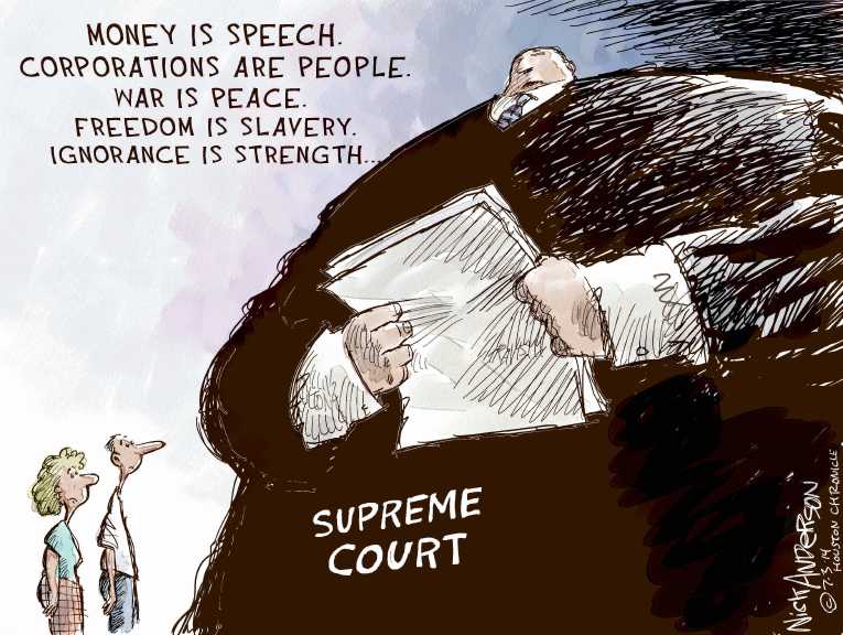 Political/Editorial Cartoon by Nick Anderson, Houston Chronicle on Another 5-4 Supreme Court Decision