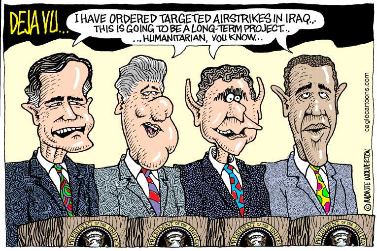 Political/Editorial Cartoon by Monte Wolverton, Cagle Cartoons on US Bombs ISIS