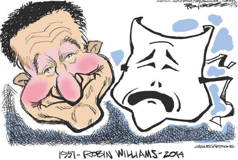 Political/Editorial Cartoon by Milt Priggee, www.miltpriggee.com on Robin Williams Dead at 63