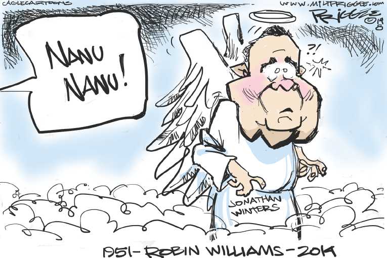 Political/Editorial Cartoon by Milt Priggee, www.miltpriggee.com on Robin Williams Dead at 63