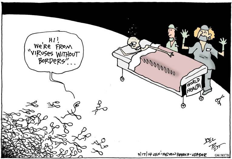 Political/Editorial Cartoon by Joel Pett, Lexington Herald-Leader, CWS/CartoonArts Intl. on Ebola Cases Skyrocketing