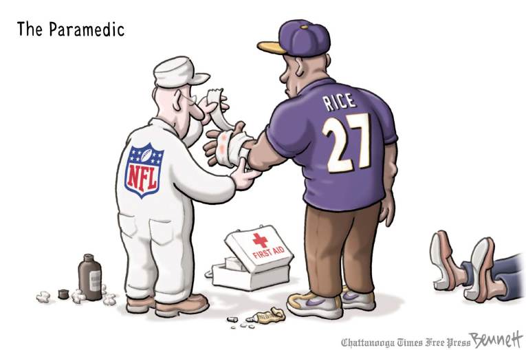 Political/Editorial Cartoon by Clay Bennett, Chattanooga Times Free Press on Violence Threatens NFL