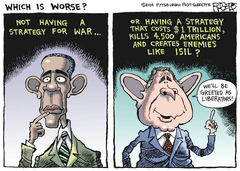 Political/Editorial Cartoon by Rob Rogers, The Pittsburgh Post-Gazette on US Strikes ISIS