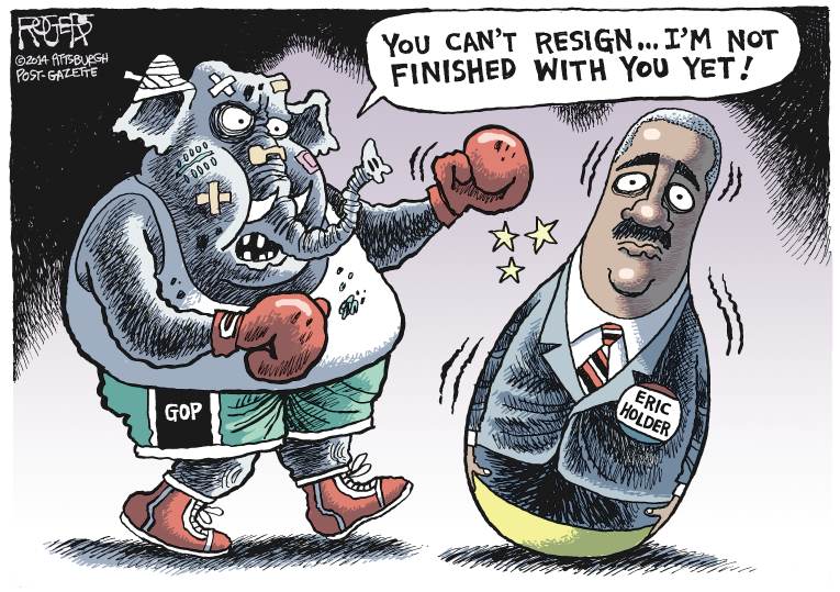 Political/Editorial Cartoon by Rob Rogers, The Pittsburgh Post-Gazette on Eric Holder Resigns