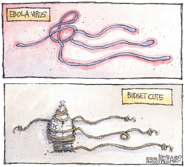 Political/Editorial Cartoon by Matt Davies, Journal News on Ebola Strikes Three in Dallas