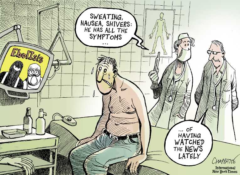 Political/Editorial Cartoon by Patrick Chappatte, International Herald Tribune on Ebola Strikes Three in Dallas