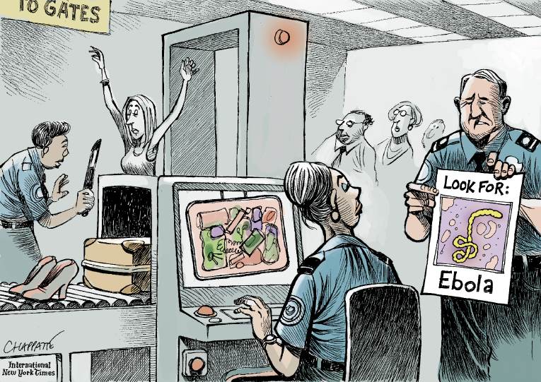 Political/Editorial Cartoon by Patrick Chappatte, International Herald Tribune on Ebola Fears Grip Nation