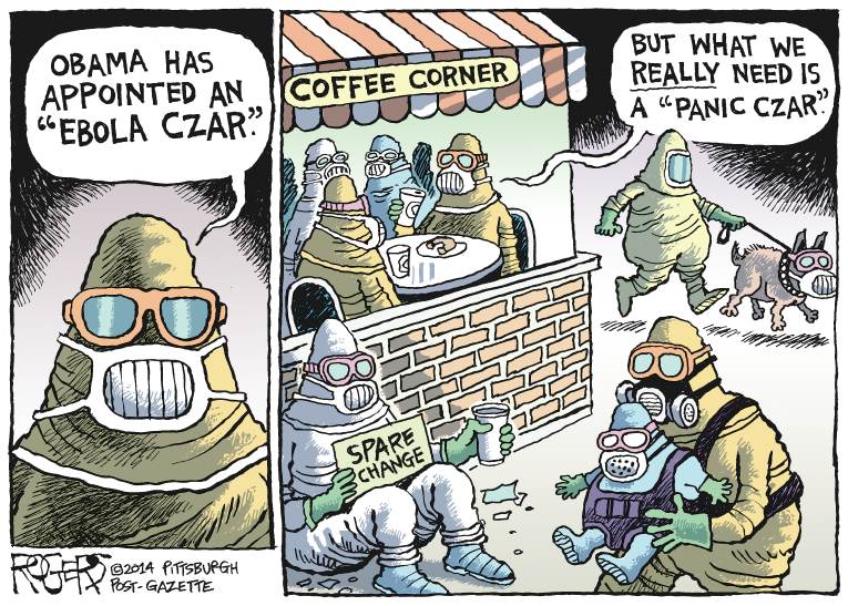 Political/Editorial Cartoon by Rob Rogers, The Pittsburgh Post-Gazette on Ebola Fears Grip Nation